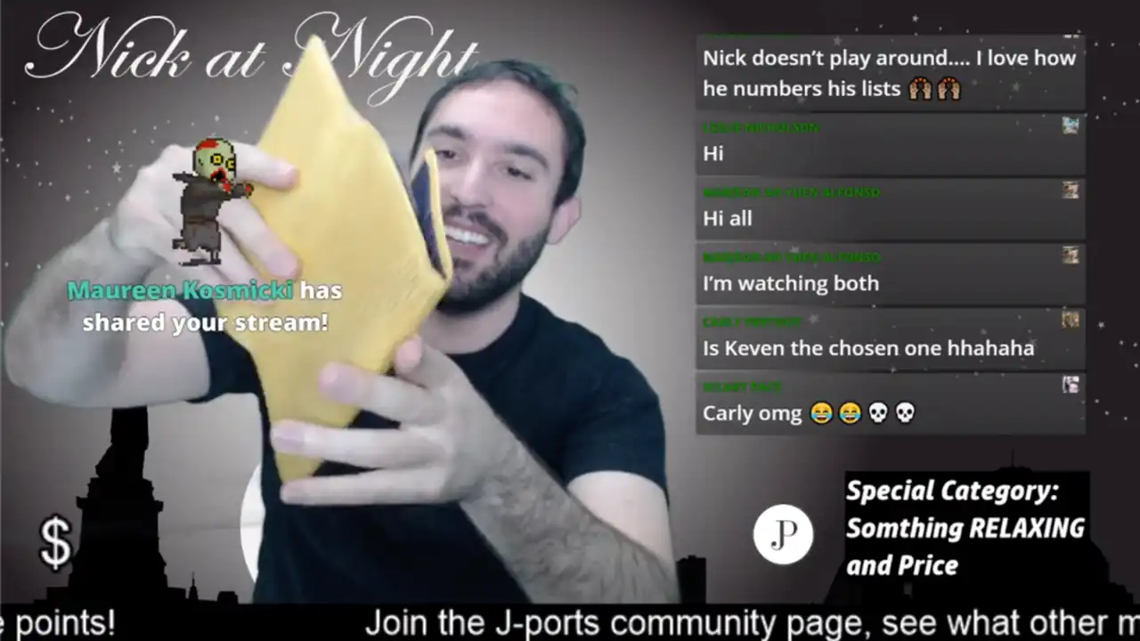 A man selling a yellow luxury wallet on a live stream with a chat